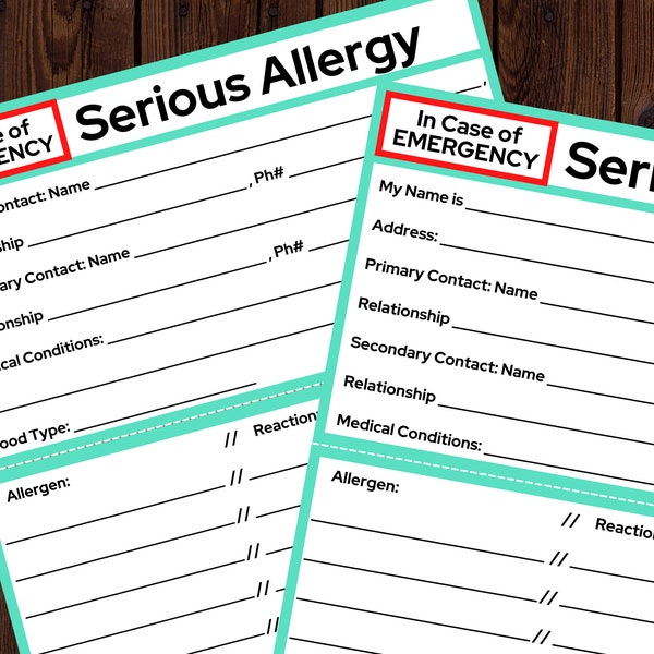 Allergy In Case of Emergency Card Printable, ICE Card, Printable Medical Card, Digital to Print, INSTANT DOWNLOAD