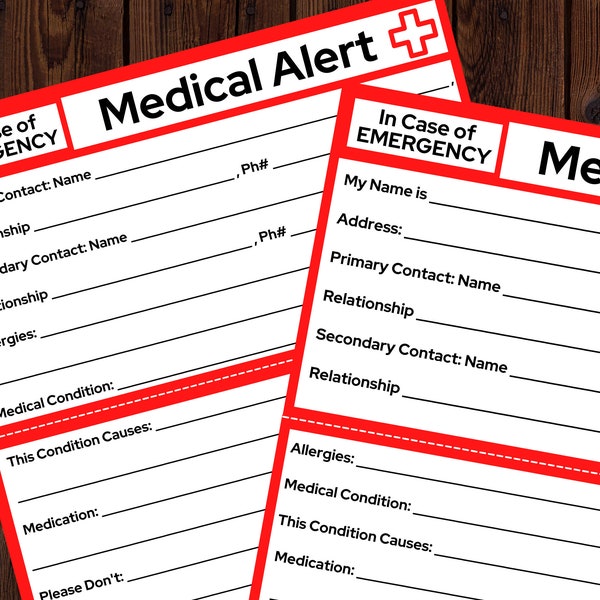 Medical Alert In Case of Emergency Card Printable, ICE Card, Printable Medical Card, Digital to Print, INSTANT DOWNLOAD