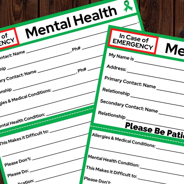 Mental Health In Case of Emergency Card Printable, ICE Card, Printable Medical Card, Digital to Print, INSTANT DOWNLOAD