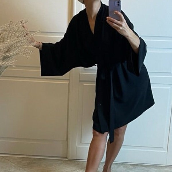 Robe faite à la main, Robes pour femmes, Robe luxueuse, Robe kimono noire, Robe de chambre en soie artificielle, Vêtements de nuit en satin, kimono noir