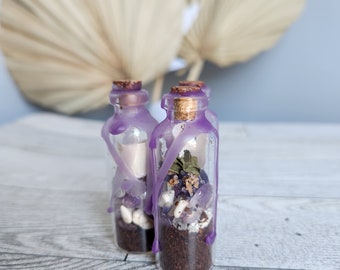 May include: Two small glass bottles with cork stoppers, sealed with purple wax. The bottles contain layers of dark brown, white, and purple contents. The background features dried palm leaves and a light blue wall.