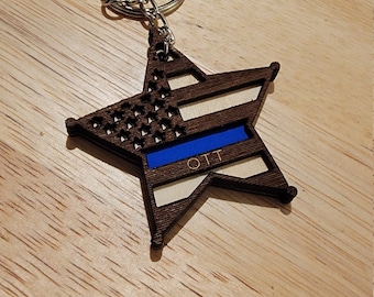 Thin Blue Line Sheriff Badge Flag Keychain (Custom Names)