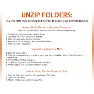 May include: A guide on how to unzip folders on a Windows computer, Mac, iPhone, or iPad. The guide includes step-by-step instructions for each device.