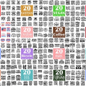 Peut inclure: Un collage de lots de 20 fichiers SVG pour diff&eacute;rents th&egrave;mes, notamment la salle de sport, la voiture et le camion, le v&eacute;ganisme, le m&eacute;decin, l'am&eacute;ricain, le chr&eacute;tien, le caf&eacute;, le baseball, le chat, le v&eacute;lo, la maman, la motivation, la chasse, le chien, la p&ecirc;che et le papa. Chaque lot comprend une vari&eacute;t&eacute; de motifs en noir et blanc avec du texte.