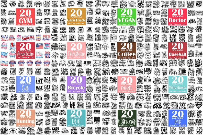 Peut inclure: Un collage de lots de 20 fichiers SVG pour diff&eacute;rents th&egrave;mes, notamment la salle de sport, la voiture et le camion, le v&eacute;ganisme, le m&eacute;decin, l'am&eacute;ricain, le chr&eacute;tien, le caf&eacute;, le baseball, le chat, le v&eacute;lo, la maman, la motivation, la chasse, le chien, la p&ecirc;che et le papa. Chaque lot comprend une vari&eacute;t&eacute; de motifs en noir et blanc avec du texte.
