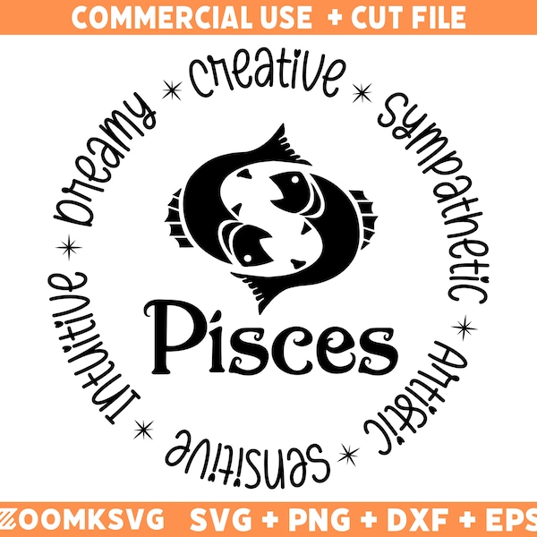 Pisces SVG, Zodiac SVG, Zodiac Signs Clipart SVG, Gift For Pisces Png, Horoscope Gift Svg Cricut Cut Files, Silhouette Cameo Dxf