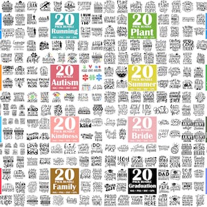 Peut inclure: Un collage num&eacute;rique de lots de 20 fichiers SVG, PNG et EPS pour diff&eacute;rents th&egrave;mes, notamment Ing&eacute;nieur, Course &agrave; pied, Plante, Enseignant, Joueur, Autisme, &Eacute;t&eacute;, Trottinette, Citations pour b&eacute;b&eacute;s, Gentillesse, Mari&eacute;e, Militaire, Infirmi&egrave;re, Famille, Dipl&ocirc;me et Fitness. Chaque lot comprend une vari&eacute;t&eacute; de designs avec du texte.