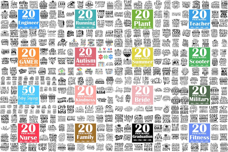 Peut inclure: Un collage num&eacute;rique de lots de 20 fichiers SVG, PNG et EPS pour diff&eacute;rents th&egrave;mes, notamment Ing&eacute;nieur, Course &agrave; pied, Plante, Enseignant, Joueur, Autisme, &Eacute;t&eacute;, Trottinette, Citations pour b&eacute;b&eacute;s, Gentillesse, Mari&eacute;e, Militaire, Infirmi&egrave;re, Famille, Dipl&ocirc;me et Fitness. Chaque lot comprend une vari&eacute;t&eacute; de designs avec du texte.