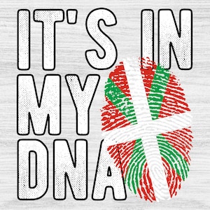 May include: A white background with a fingerprint design in the colors of the Basque flag. The text "IT'S IN MY DNA" is written in black letters.