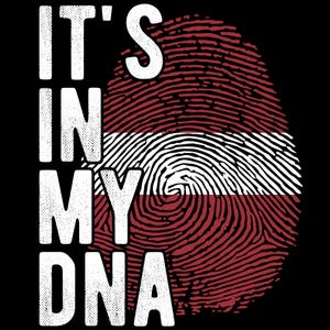 Puede incluir: Un diseño gráfico con el texto "It's in my DNA" en blanco con un aspecto desgastado. El texto se superpone a un diseño de huella dactilar que está coloreado en los colores rojo y blanco de la bandera letona.