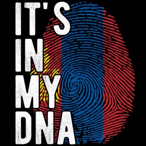 Może przedstawiać: Biały tekst na czarnym tle brzmi "It's in my DNA". Za tekstem znajduje się wzór odcisku palca w kolorach flagi mongolskiej.