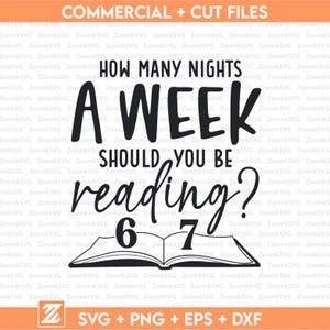 May include: A monochrome graphic featuring the question "HOW MANY NIGHTS A WEEK SHOULD YOU BE reading?" with the numbers 6 and 7. An open book illustration is below the text. Includes file type icons.