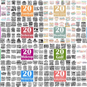 Peut inclure: Un collage de lots de 20 fichiers de conception num&eacute;rique sur divers th&egrave;mes, notamment sir&egrave;ne, football, bibliophile, printemps, yoga, v&eacute;t&eacute;ran, lecture, bambin, retraite, maquillage, golf, affirmations, croisi&egrave;re, comm&eacute;moration, Saint-Valentin et amour-propre. Chaque lot comprend 20 fichiers SVG, PNG et EPS.