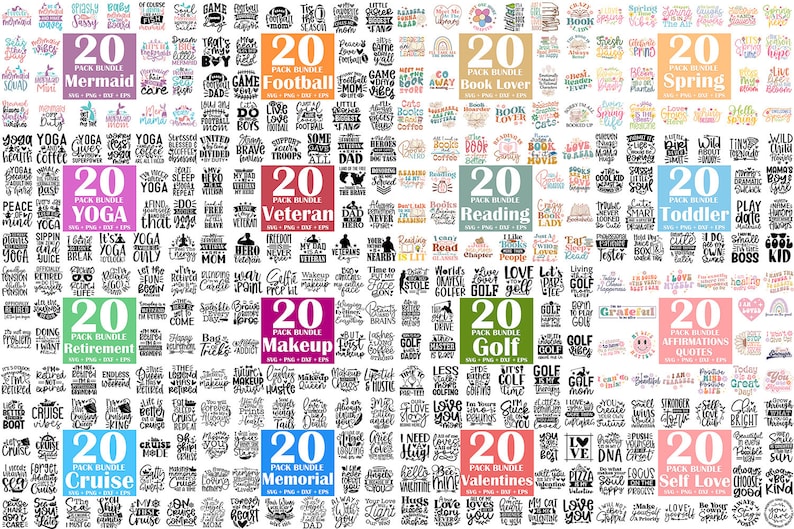 Peut inclure: Un collage de lots de 20 fichiers de conception num&eacute;rique sur divers th&egrave;mes, notamment sir&egrave;ne, football, bibliophile, printemps, yoga, v&eacute;t&eacute;ran, lecture, bambin, retraite, maquillage, golf, affirmations, croisi&egrave;re, comm&eacute;moration, Saint-Valentin et amour-propre. Chaque lot comprend 20 fichiers SVG, PNG et EPS.