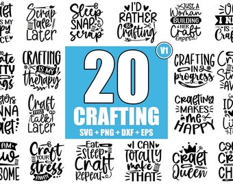 Könnte beinhalten: Ein blauer Hintergrund mit weißem Text, der "20 Crafting SVG + PNG + DXF + EPS" sagt, und 20 verschiedene Zitate zum Thema Basteln in schwarzem Text.