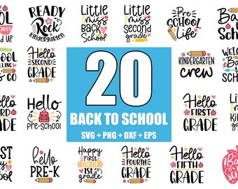 Puede incluir: Un conjunto de 20 archivos de corte SVG para la vuelta al cole. Los diseños presentan varias frases y gráficos relacionados con la escuela, incluyendo "The Cool Kid Just Showed Up", "Ready to Rock Kindergarten", "Little Miss Back to School", "Pre-School Life", "Back to School", "School is Calling Let's Go", "Hello Second Grade", "Hello Third Grade", "Hello Pre-School", "Kindergarten Crew", "Welcome Back to School", "Hello First Grade", "Little Miss Kindergarten", "First Day of School", "Hello Pre-K", "Happy First Day of 1st Grade", "Hello Fourth Grade", "Hello Fifth Grade", and "Back to School".