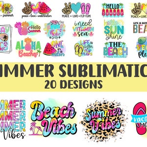 Può includere: Una collezione di 20 design a sublimazione a tema estivo. I design presentano testo e grafica colorati, tra cui simboli di pace, cuori, angurie, infradito, occhiali da sole e ananas. Sono presenti anche le parole "Summer Sublimation" e "20 Designs".