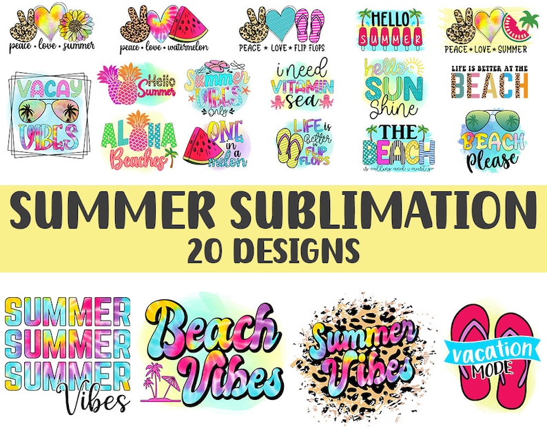 Pu&ograve; includere: Una collezione di 20 design a sublimazione a tema estivo. I design presentano testo e grafica colorati, tra cui simboli di pace, cuori, angurie, infradito, occhiali da sole e ananas. Sono presenti anche le parole "Summer Sublimation" e "20 Designs".