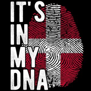 May include: A graphic design with the text "It's in my DNA" in white with a distressed look. The text is overlaid on a fingerprint design in the shape of the Danish flag, with red and white stripes.