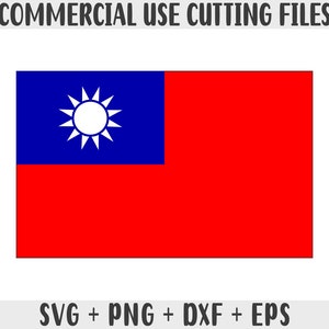 May include: A digital download of a red and blue flag with a white sun in the upper left corner. The flag is for commercial use cutting files. The text "SVG + PNG + DXF + EPS" is below the flag.