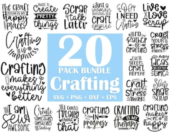 Könnte beinhalten: Eine blaue und weiße Grafik mit 20 verschiedenen Sprüchen zum Thema Basteln. Der Text lautet "20 Pack Bundle Crafting SVG + PNG + DXF + EPS".