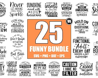 May include: A digital download of 25 funny quotes in black text on a peach background. The quotes are grouped into rows of 4 or 5. The text includes phrases like "Sunshine mixed with a little hurricane", "I'm not a person you can put on speaker phone", "Hold on let me overthink this", and "Coffee because adulting is hard".