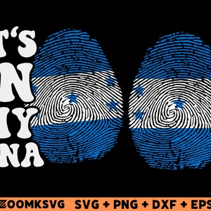 Puede incluir: Gráfico de "It's in my DNA" con dos diseños de huellas dactilares con la bandera de Honduras. La bandera es azul, blanca y azul claro con cinco estrellas blancas.