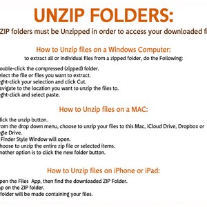 Pu&ograve; includere: Un grafico informativo arancione e beige con il titolo "UNZIP FOLDERS:" e istruzioni su come decomprimere i file su Windows, Mac, iPhone e iPad. Il testo spiega i passaggi per estrarre i file dalle cartelle compresse.