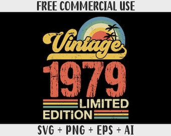 Peut inclure: Graphique Vintage 1979 Édition Limitée avec un coucher de soleil rétro et des palmiers. Le texte est dans une police de caractères vieillie avec un schéma de couleurs jaune, orange et rouge.