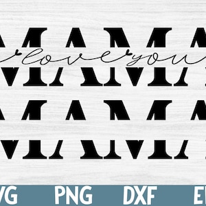 Könnte beinhalten: Schwarzweißes Grafikdesign des Wortes "Mama" mit dem Satz "i love you" in Kursivschrift. Das Design wird dreimal in verschiedenen Größen wiederholt.