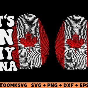 Pode incluir: Gr&aacute;fico "It's in my DNA" com dois designs de impress&otilde;es digitais vermelhas e brancas que se assemelham &agrave; bandeira canadense.