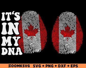 Pode incluir: Gráfico "It's in my DNA" com dois designs de impressões digitais vermelhas e brancas que se assemelham à bandeira canadense.