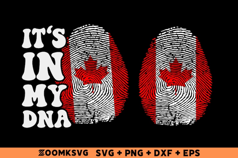 Pode incluir: Gr&aacute;fico "It's in my DNA" com dois designs de impress&otilde;es digitais vermelhas e brancas que se assemelham &agrave; bandeira canadense.