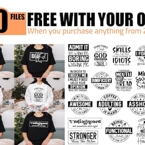May include: A collage of 20 black and white graphic designs featuring humorous and sarcastic quotes. The designs are arranged in a grid pattern and feature a variety of fonts and styles. The text includes phrases such as "I'm a Multitasker", "Sometimes I Just Have to Let God Send Me to Jail", "Mini Sweet and Sassy", and "Once I Get an Attitude It Takes Me 3-5 Business Days to Fix My Face".