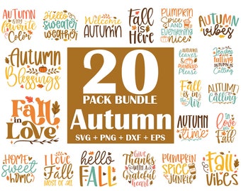 May include: A digital download pack of 20 autumn-themed SVG, PNG, DXF, and EPS files. The designs feature various fall-themed phrases and illustrations, such as "Fall is in the air", "Autumn Blessings", and "Pumpkin Spice Junkie".