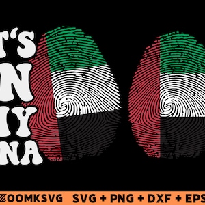 May include: It's in my DNA graphic with two fingerprint designs in the colors of the United Arab Emirates flag. The fingerprints are red, white, black, and green.