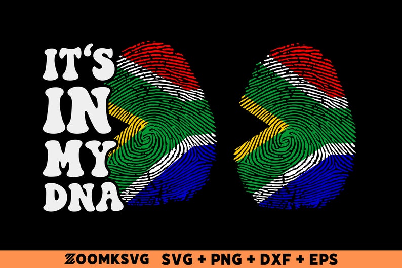Pu&ograve; includere: Grafica "It's in my DNA" con un design a forma di impronta digitale nei colori della bandiera sudafricana. I colori della bandiera sono rosso, giallo, verde, bianco e blu.