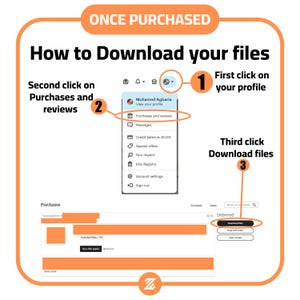 May include: A step-by-step guide on how to download digital files purchased on Etsy. The image shows a screenshot of the Etsy website with instructions on how to access the "Purchases and reviews" section, click on the "Download files" button, and then download the purchased files.