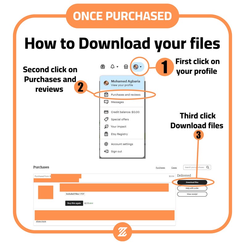 May include: A step-by-step guide on how to download digital files purchased on Etsy. The image shows a screenshot of the Etsy website with instructions on how to access the "Purchases and reviews" section, click on the "Download files" button, and then download the purchased files.