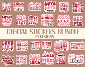 Valentine's day digital stickers SVG PNG Bundle, Retro valentines stickers, Planner Stickers digital, Boho valentine Svg Bundle, Pack, Sheet