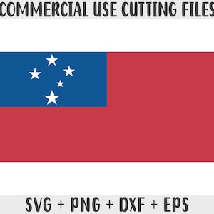 May include: A digital download of a vector graphic of the flag of Samoa. The flag is blue with five white stars in the upper left corner and red in the lower right corner. The file is available in SVG, PNG, DXF, and EPS formats.