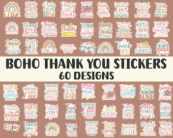 60 Boho thank you stickers svg Bundle, Thank you stickers for small business Png, Hand lettered stickers, Packaging Labels digital download