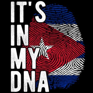Puede incluir: Diseño gráfico negro con el texto "IT'S IN MY DNA" en letras blancas. El fondo es un diseño de huella dactilar con los colores de la bandera cubana: rojo, blanco y azul.