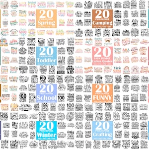 Peut inclure: Un collage de 20 packs diff&eacute;rents d'&eacute;l&eacute;ments de design num&eacute;rique, chaque pack pr&eacute;sentant un th&egrave;me diff&eacute;rent, comme "Amoureux des livres", "Printemps", "Camping", "Voyage", "Lecture", "Tout-petit", "Citations latines", "Inspiration", "Automne", "&Eacute;cole", "Dr&ocirc;le", "Sarkast
