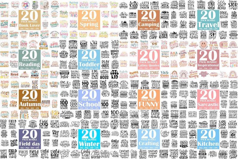 Peut inclure: Un collage de 20 packs diff&eacute;rents d'&eacute;l&eacute;ments de design num&eacute;rique, chaque pack pr&eacute;sentant un th&egrave;me diff&eacute;rent, comme "Amoureux des livres", "Printemps", "Camping", "Voyage", "Lecture", "Tout-petit", "Citations latines", "Inspiration", "Automne", "&Eacute;cole", "Dr&ocirc;le", "Sarkast