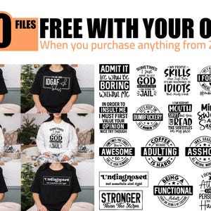 May include: A collage of 20 black and white graphic designs featuring humorous and sarcastic quotes. The designs are arranged in a grid pattern and feature a variety of fonts and styles. The text includes phrases such as "I'm a Multitasker", "Sometimes I Just Have to Let God Send Me to Jail", "Mini Sweet and Sassy", and "Once I Get an Attitude It Takes Me 3-5 Business Days to Fix My Face".