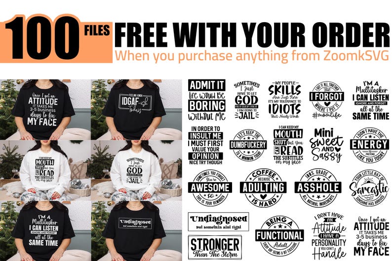 May include: A collage of 20 black and white graphic designs featuring humorous and sarcastic quotes. The designs are arranged in a grid pattern and feature a variety of fonts and styles. The text includes phrases such as "I'm a Multitasker", "Sometimes I Just Have to Let God Send Me to Jail", "Mini Sweet and Sassy", and "Once I Get an Attitude It Takes Me 3-5 Business Days to Fix My Face".