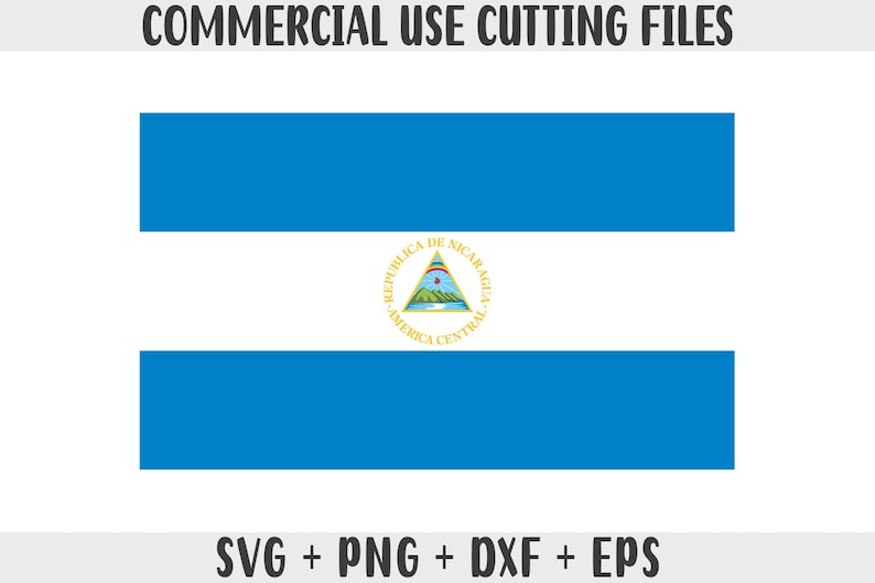 May include: A digital download of a blue and white Nicaraguan flag with the country's coat of arms in the center. The coat of arms features a triangle with a volcano and a lake inside. The text "REPUBLICA DE NICARAGUA" and "AMERICA CENTRAL" are written around the triangle.
