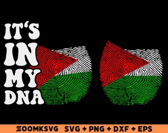 Könnte beinhalten: Ein Grafikdesign mit dem Text "It's in my DNA" in weißen Buchstaben auf schwarzem Hintergrund. Zwei fingerabdruckförmige Bilder befinden sich auf beiden Seiten des Textes. Die Fingerabdrücke sind mit den Farben der palästinensischen Flagge gefüllt: rot, weiß und grün.