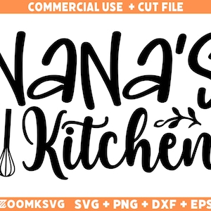 May include: Black and white graphic design featuring the text "Nana's Kitchen" in a stylised font. A whisk is included in the design.